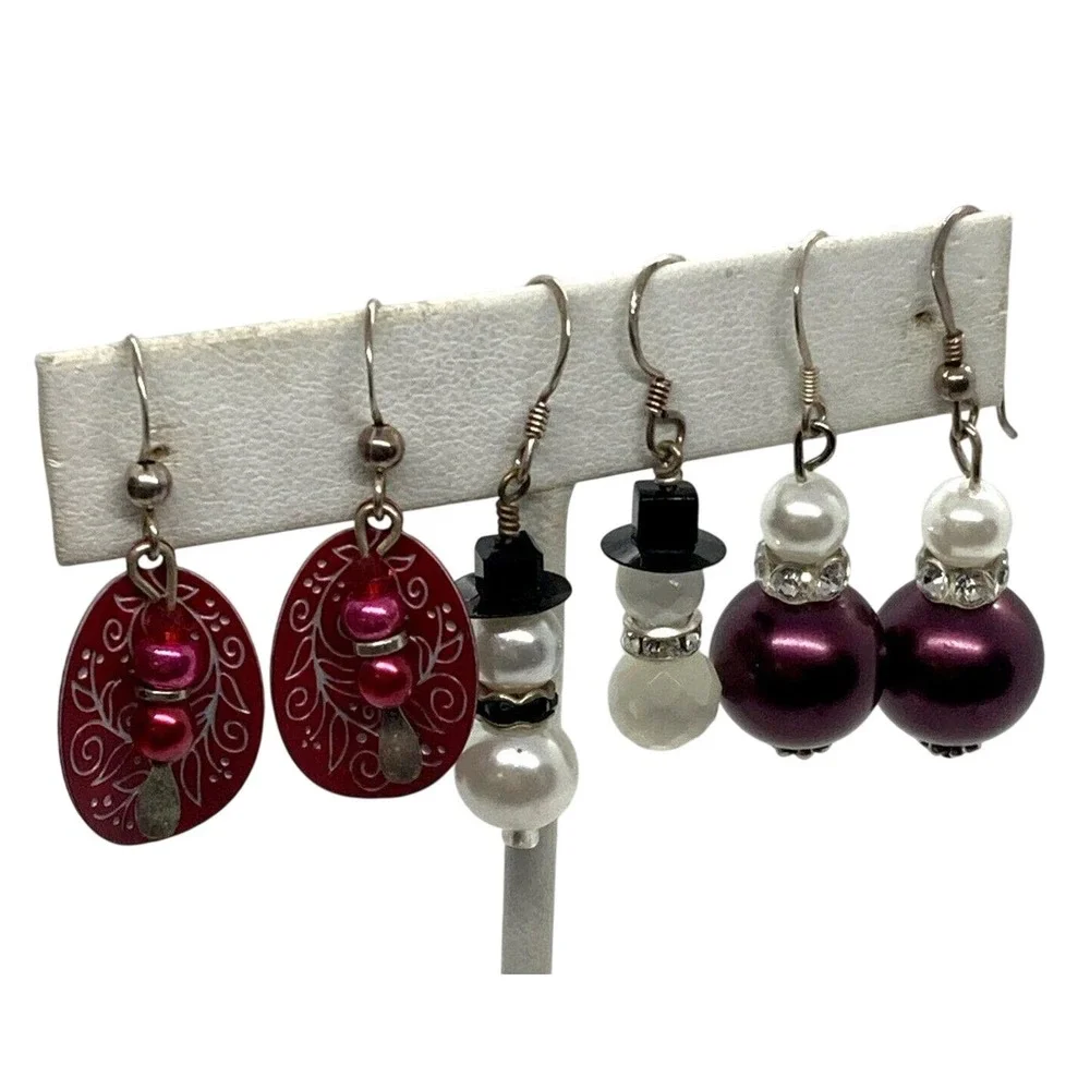 Vintage‎ Lot of 3 Beaded Dangle Earrings Sterling 925 Silver 11g Snowman Purple